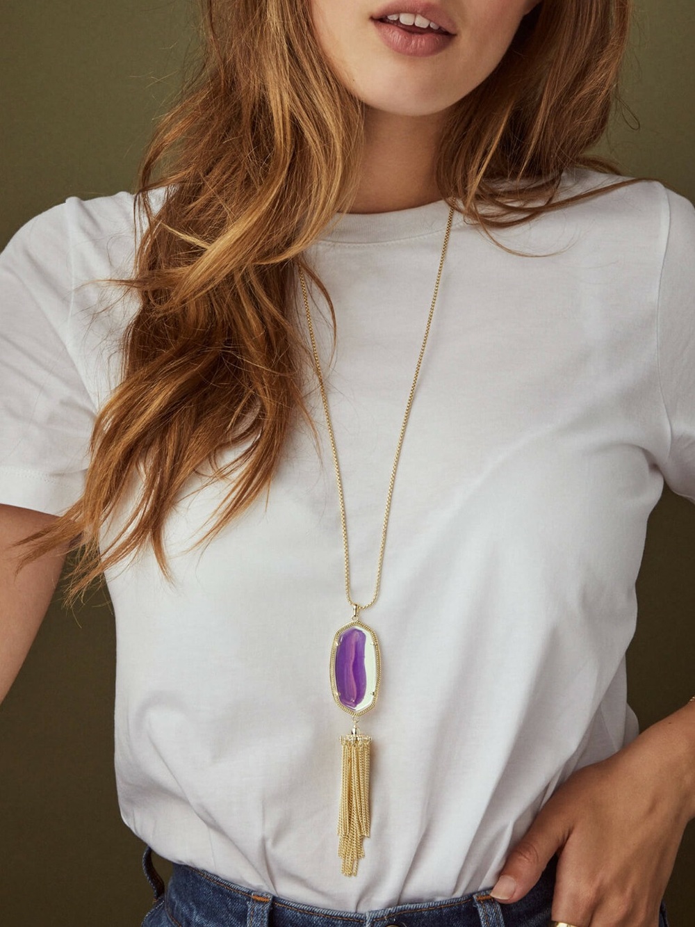 Kendra Scott Rayne Stone Tassel Pendant Necklace Purple Jade gem with dust bag